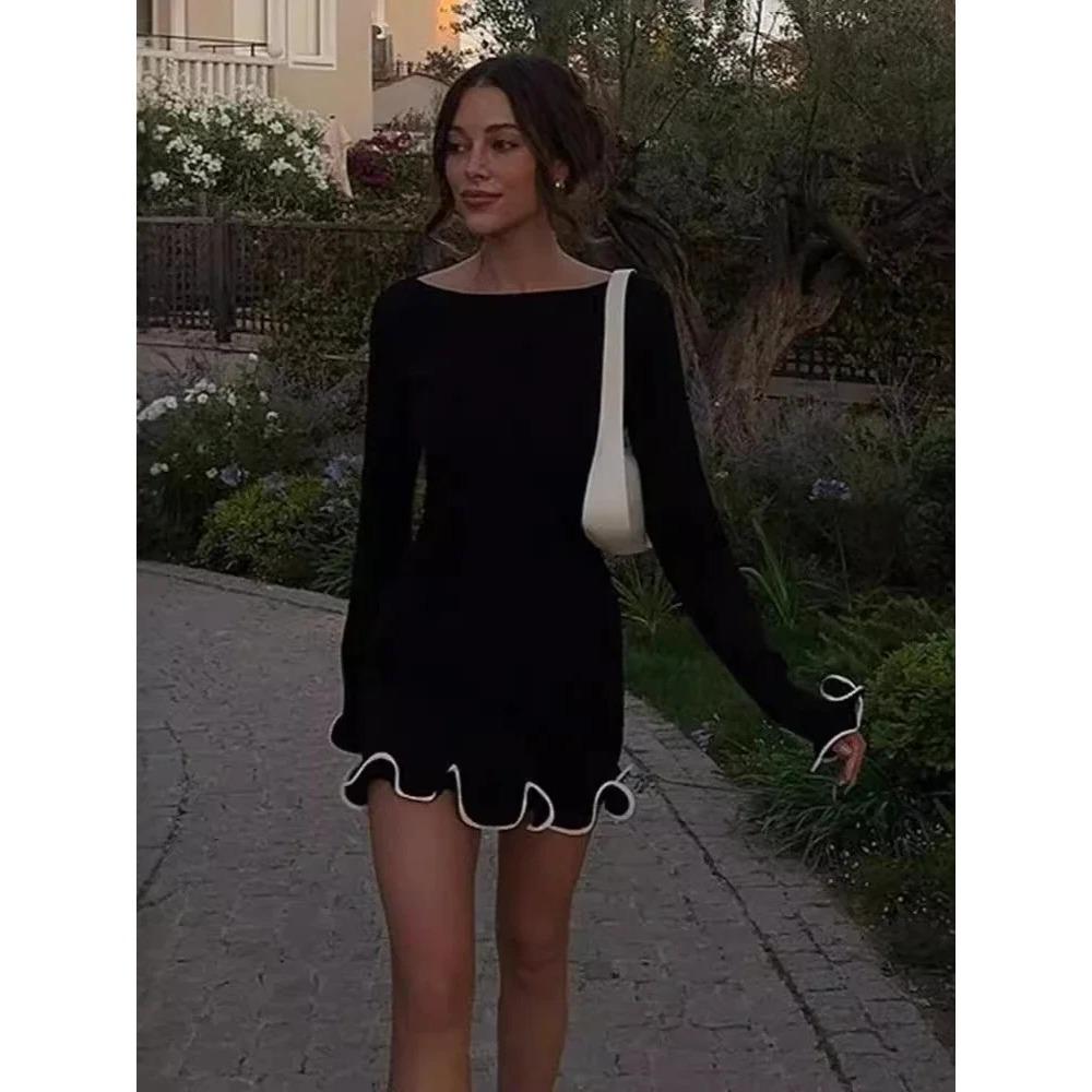 

Осіння міні-сукня для жінок з довгим рукавом і рюшами в стилі печворк, тонкі сексуальні шорти, елегантні жіночі вечірні сукні L чорний