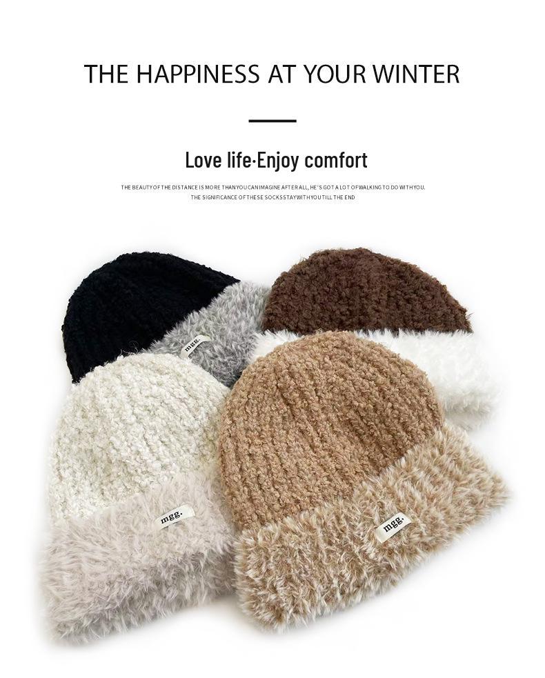 Cat Brother Korean Style Knit Hat: Color Block Plush, Warm Wool, Women's Large Head Circumference