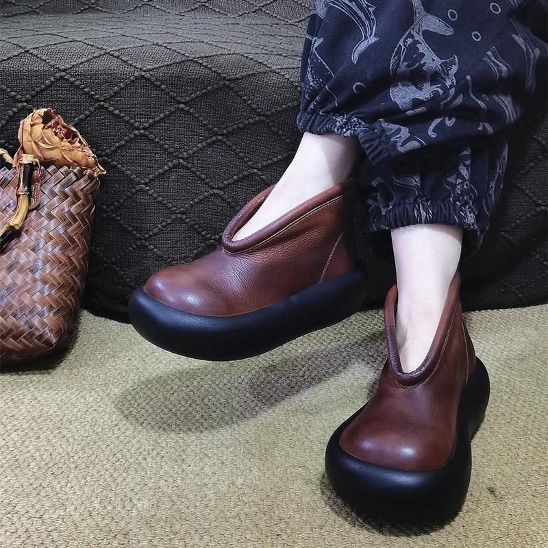 Fashion Round Toe Thick Sole Leather Casual Platform Women's Shoes Retro Top Cowhide Ankle Boots Pure Handmade Single Cool Boots