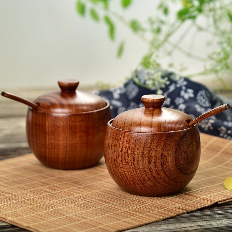 Wooden Salt Cellar Sugar Bowl Pepper Box Salt Seasoning Container Storage Box with Lid and Spoon Wooden Spice Box spice jars