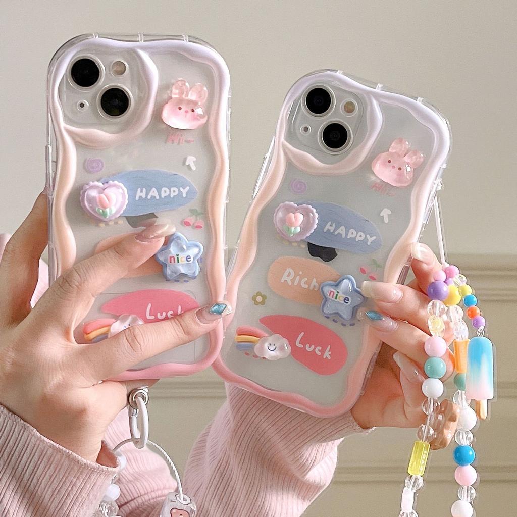 Three Dimensional Cute Little Rabbit Iphone14 Cartoon Pendant Mobile Phone Case 15 16 Bell Bracelet Mobile Phone Soft Shell