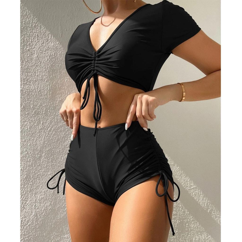Women's Sexy Split High Waisted Short Sleeved Swimsuit Two-Piece Swimsuit Set