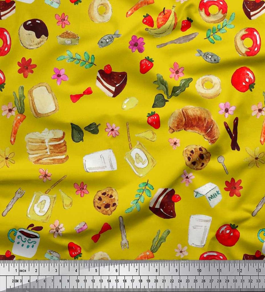 Soimoi Japan Crepe Satin Fabric Fruits,Bread & Donut Food Decor Fabric Printed metre 42 Inch