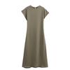 Women's Round Neck Cap Sleeve Midi Dress Straight Fit Mid Waist Solid Satin Casual Dress