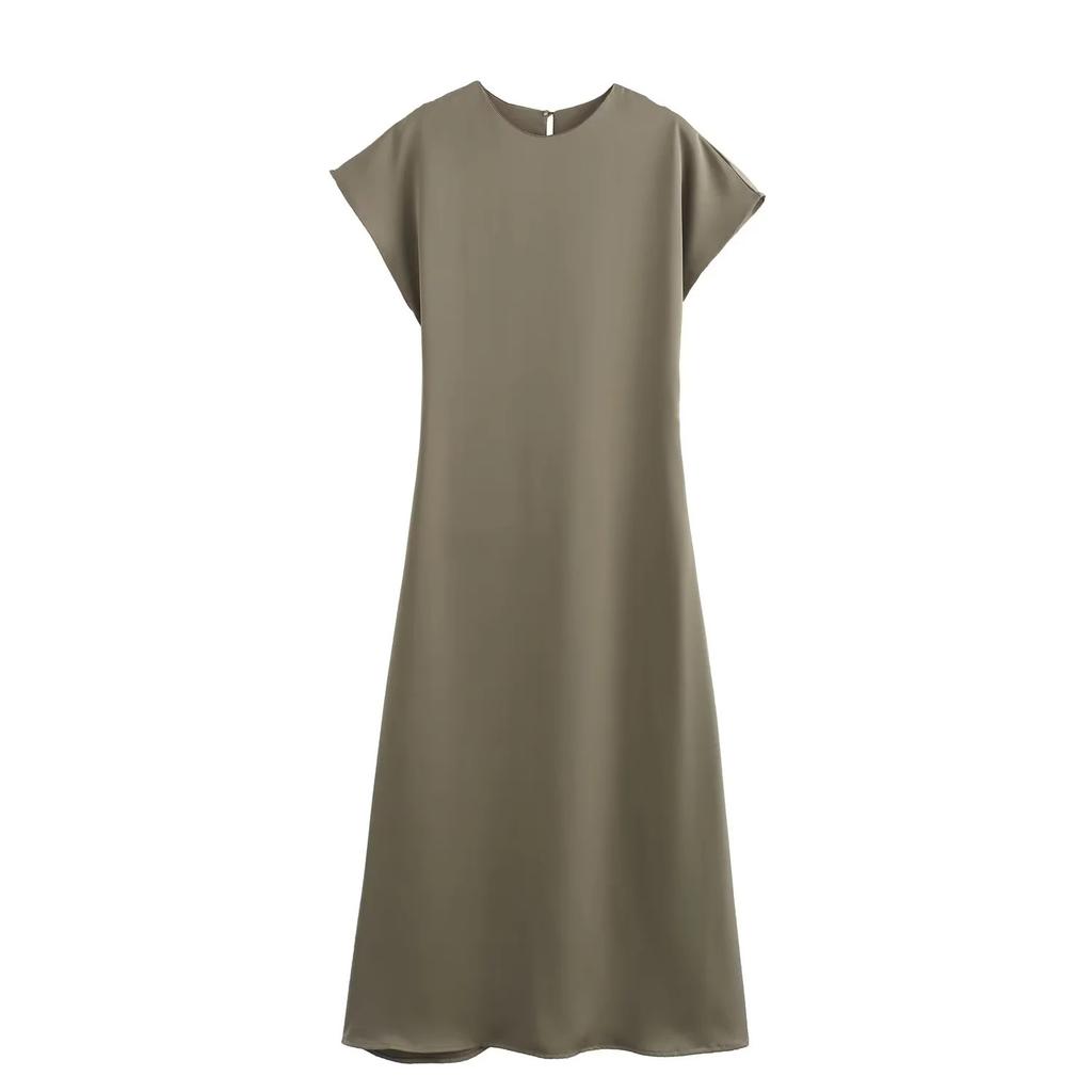 Women's Round Neck Cap Sleeve Midi Dress Straight Fit Mid Waist Solid Satin Casual Dress
