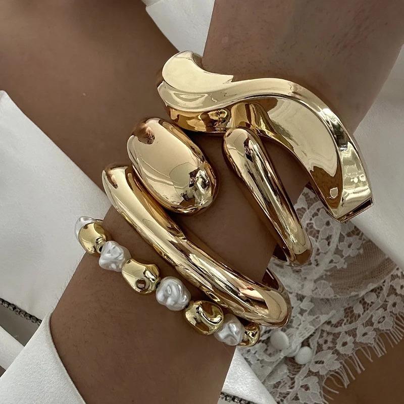 Exaggerated Metal Smooth Irregular Bracelet for Women Vintage Geometric Big Chunky Wide Cuff Bangle Hip Hop Punk Jewelry Gift