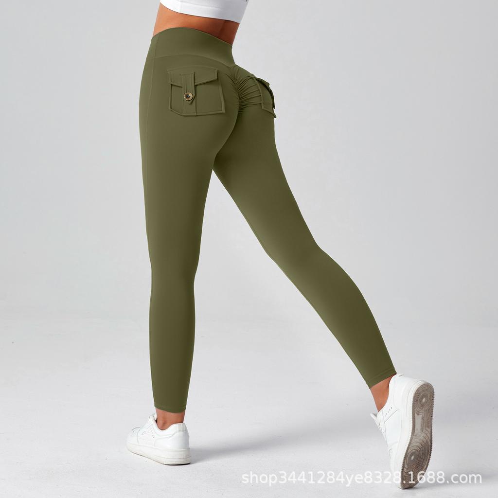 Fitness Leggings With Pocket Sports Yoga Pants Scrunch Buttons Peach Hips Workflow High Waist Running Gym Tights Women