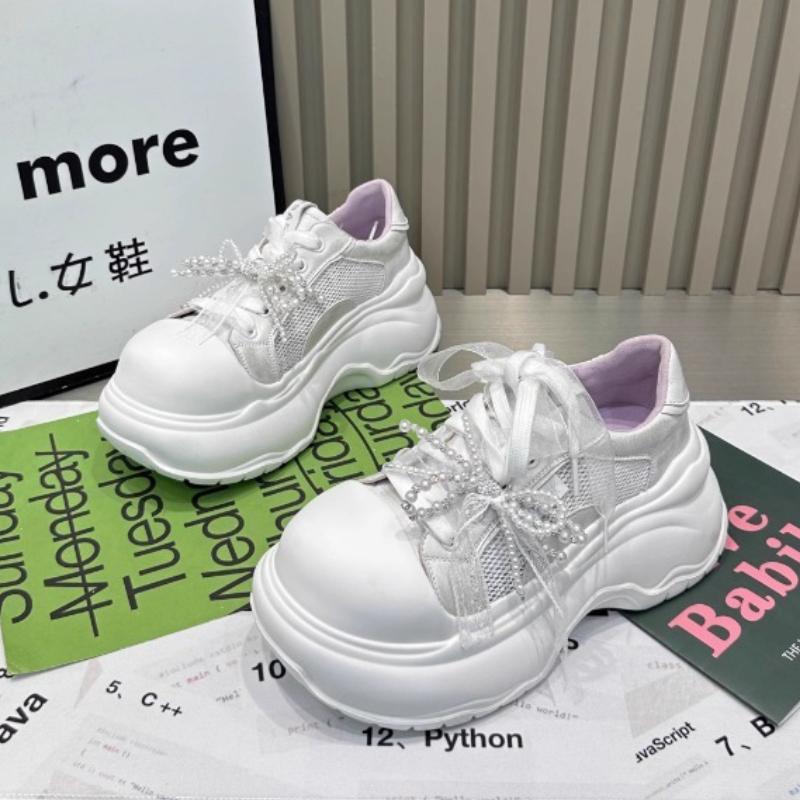 2025 New Women's Soft Leather Thick Bottom Sneakers Casual Sports Shoes Butterfly Knot Pearl Lace up Heightening Board Shoes
