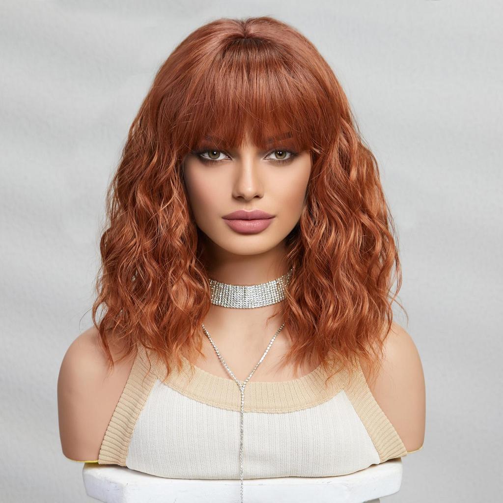 ALAN EATON Short BOB Synthetic WIGS Orange Brown Curly Wig with Bangs for Women Cosplay Daily Party Heat Resistant Fiber Wig