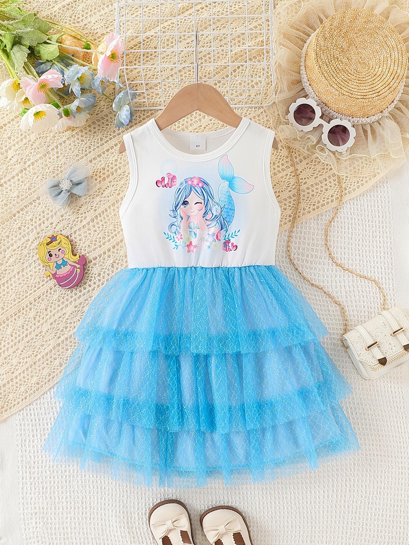 Girls 4-7 Years Summer Mermaid Print Sleeveless Shiny Scale Mesh Layered Cake Dress 4Y