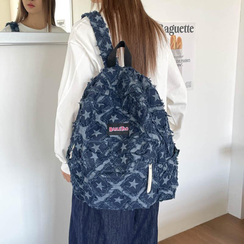 Schultasche Retro Alter Stern Denim Rucksack Fransen Grobe Kante Nischen Design Lässiger Rucksack Große Kapazität Schultasche