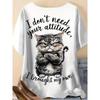 European Size Plus Size - Plus Size 3D Cute Cat Print T-Shirt | Casual Crew Neck Short Sleeve Top, Slight Stretch Fabric, Summer Outdoor Wear
