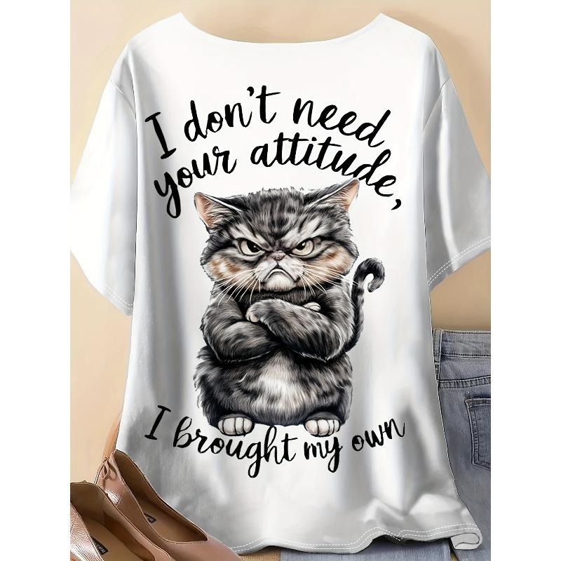 European Size Plus Size - Plus Size 3D Cute Cat Print T-Shirt | Casual Crew Neck Short Sleeve Top, Slight Stretch Fabric, Summer Outdoor Wear