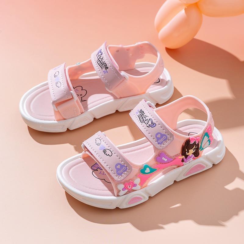 Cute summer princess sandals with heart decor, soft sole girls beach sandals with hook & loop 26 розовый