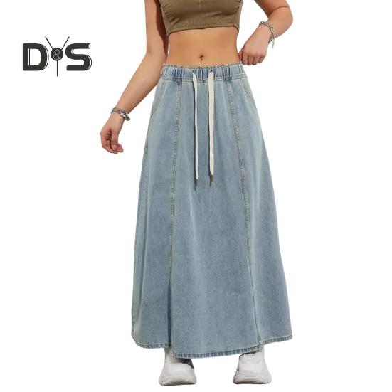 

Женская юбка макси с эластичной завышенной талией, регулируемая юбка-трапеция на шнурке с карманами, однотонная повседневная юбка M светло-синий