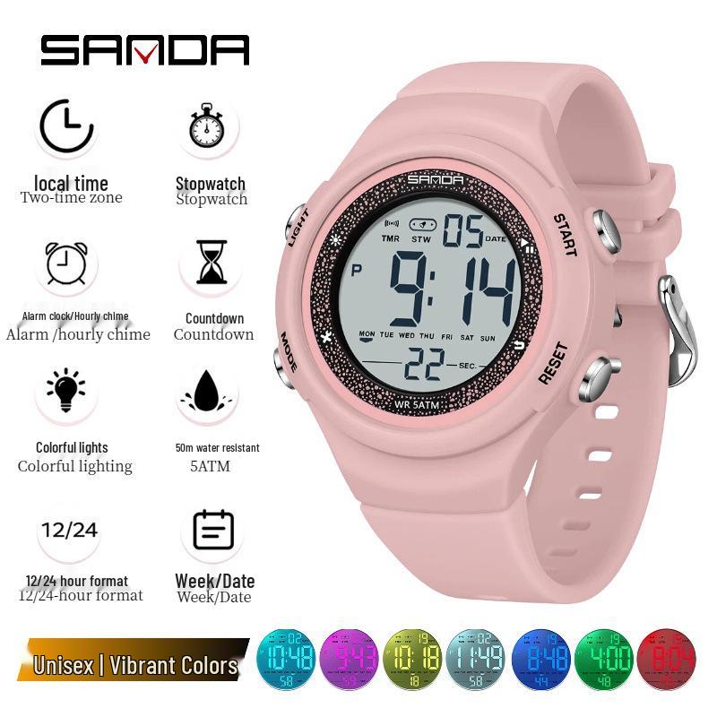 Sanda Multi-Function Waterproof Sport Watch with Alarm & Seven-Color Luminous Display