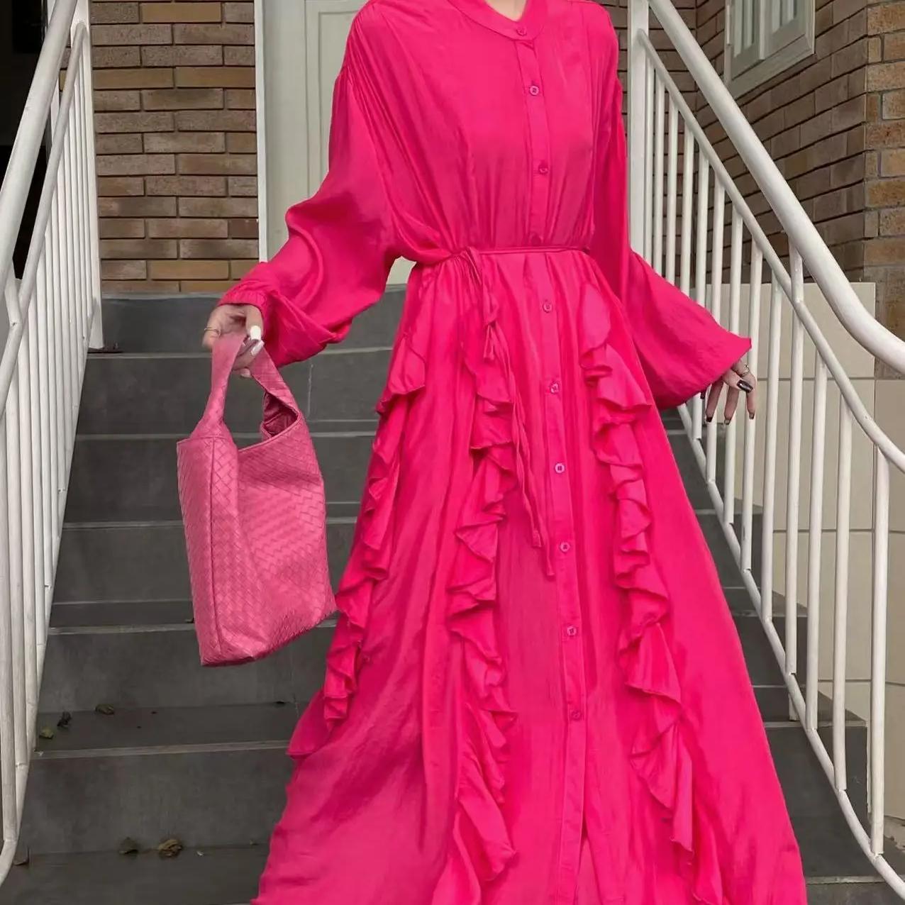 

Шикарні сукні Весняна французька елегантна сукня з нерегулярними воланами з довгим рукавом і довгою спідницею Жіночі сукні One Size рожевий червоний колір