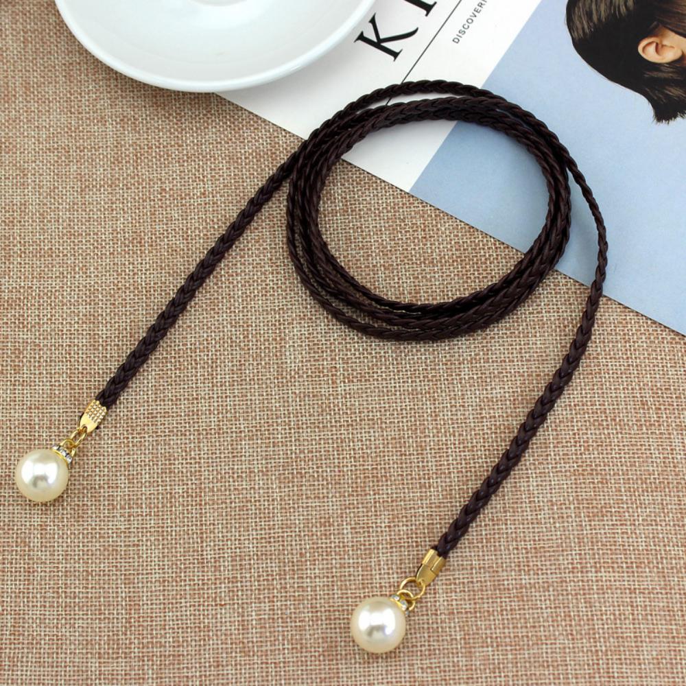 Korean Version Woven Thin Belt Women's Versatile Decorative Waist Rope Women's Sweet Dress Knotted Skirt Pearl Waist