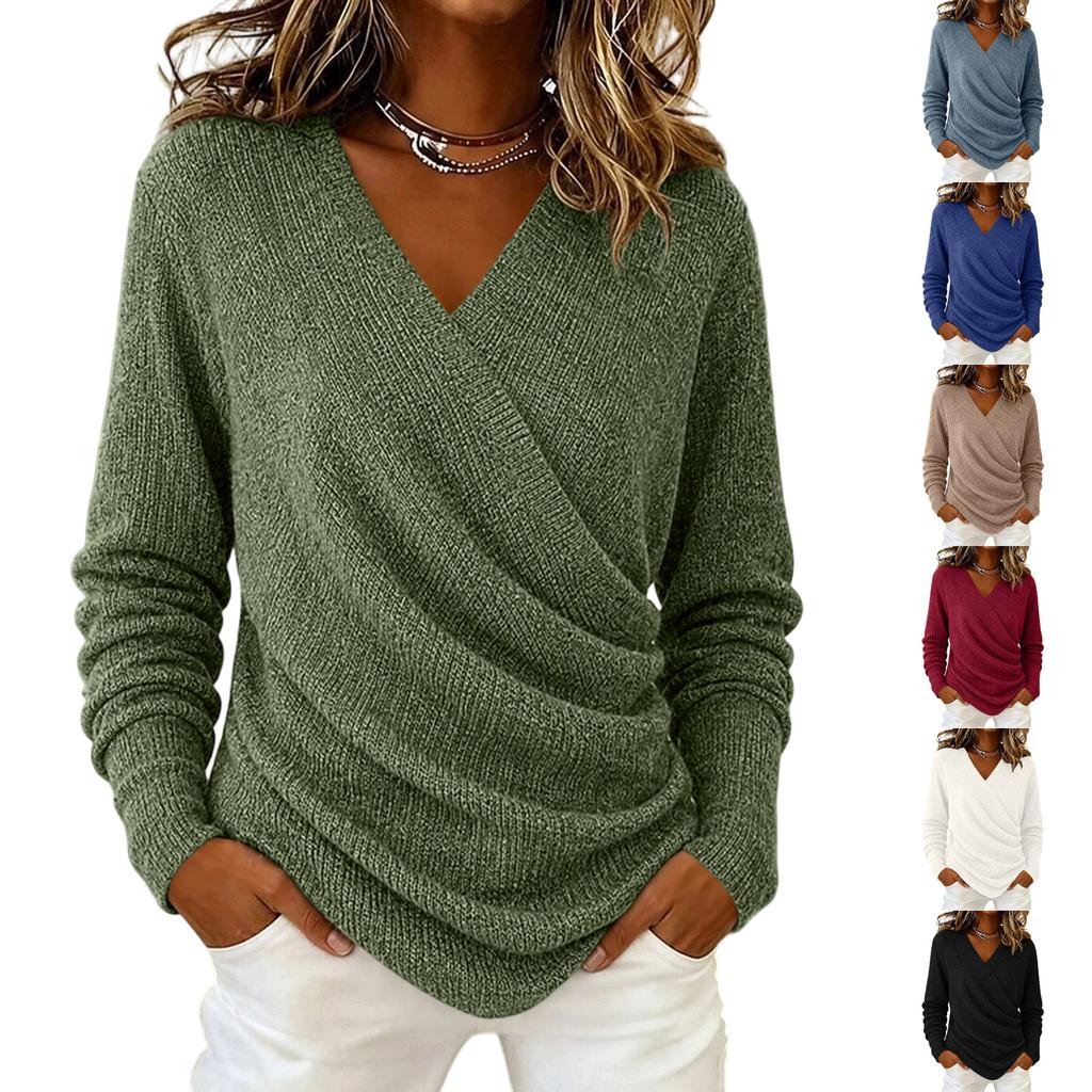 Women's V-Neck Long Sleeve Knit Sweater Casual Color Pullover Top