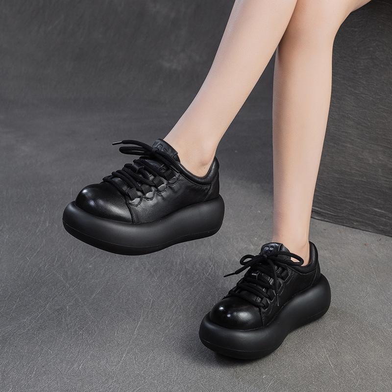 Spring New Platform Oxford Shoes Women Genuine Leather Thick Sole British Style Lace Up Round Toe Casual Shoes