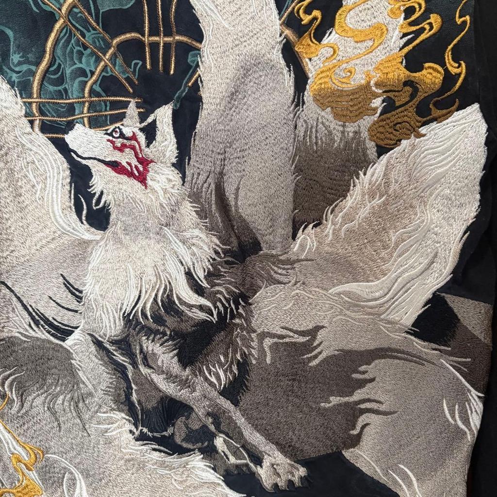 Used Embroidery [Karakuri Tamashii Sui] Nine-tailed Fox, Fuujin Raijin, Long-sleeved Cut and Sew
