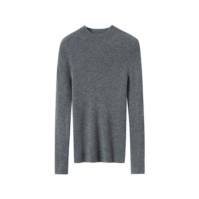 Women's Slimming Pure Cashmere Ribbed Pullover Sweater - Solid Color, Half-High Neck Knitwear