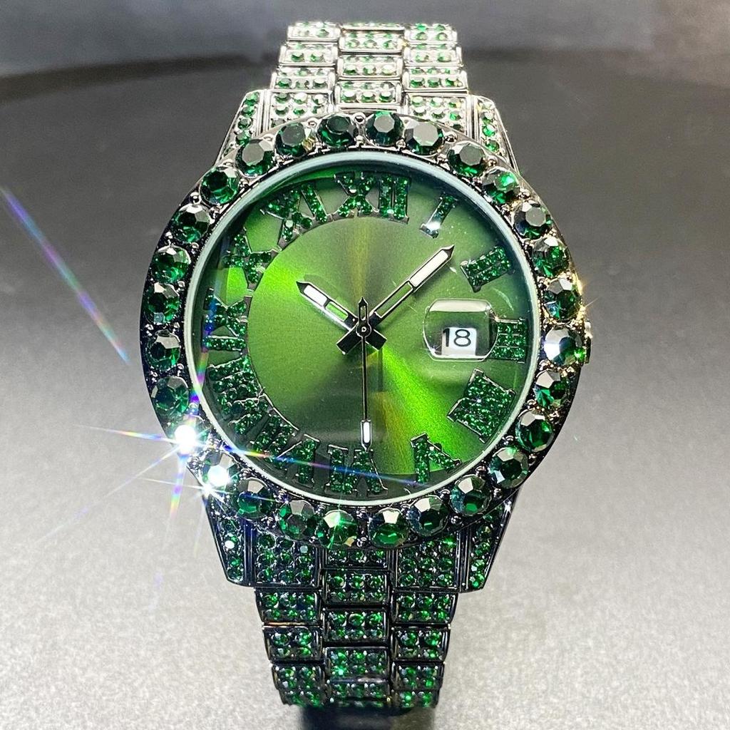 Luxury Diamond Watch for Men Fashion Bling Iced Out Day Date Watches Hip Hop Stainless Steel Quartz Man Clock
