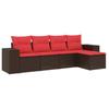 5 Piece Garden Sofa Set with Cushions Brown Poly Rattan