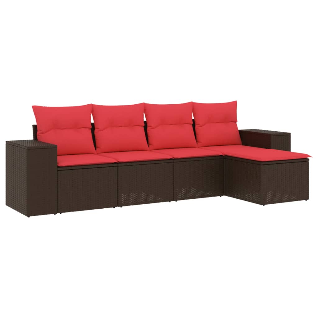 5 Piece Garden Sofa Set with Cushions Brown Poly Rattan