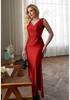 Vestido Satinado de Color Sólido Europeo y Americano Delgado con Abertura y Diseño ceñidor de Cintura