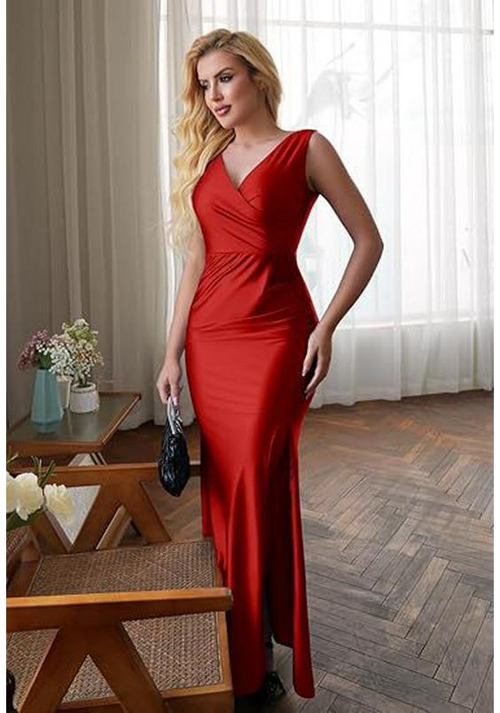 Vestido Satinado de Color Sólido Europeo y Americano Delgado con Abertura y Diseño ceñidor de Cintura