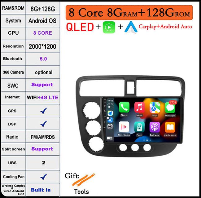 9 Lnch For Honda Civic 7 2000-2006 QLED Android 14 Car Radio Multimedia Video Player GPS AI Voice 4G CarPlay Head Unit Stereo
