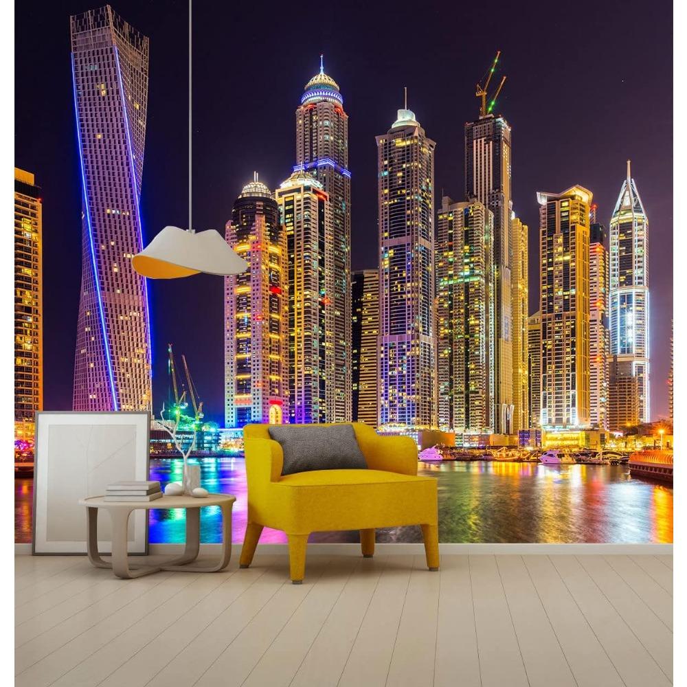 City Night Skyline Wall Mural Colorful Light Urban Skyscraper Wallpaper Office Wall Decor