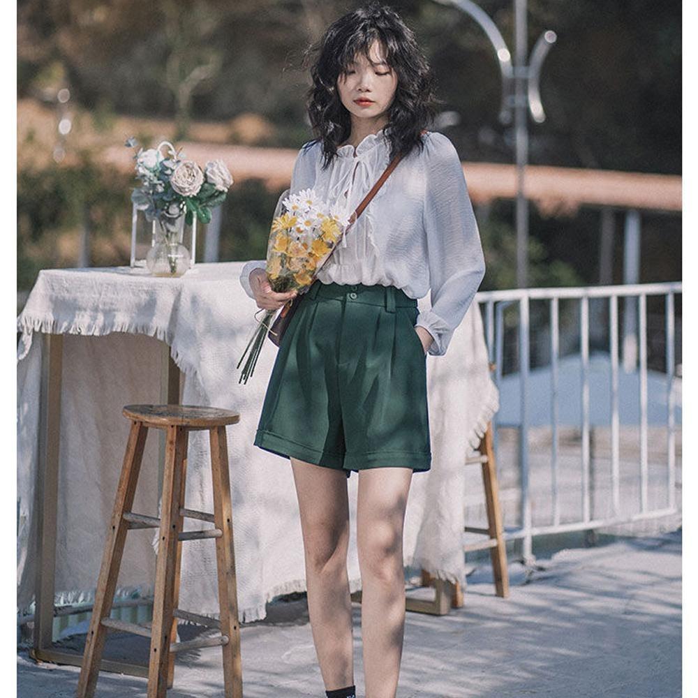 Women's Loose Suit Shorts A-line High-waisted Wide-leg Pants Rolled-up Slacks