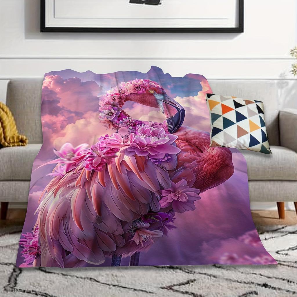 Cozy Flamingo Floral Print Flannel Throw Blanket - Soft, All-Season Knit with Digital Animal Design for Couch & TV, Hand Washabl