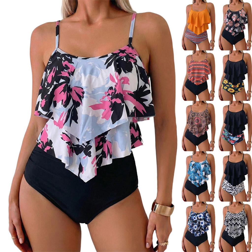 Women’s Two Piece Swimsuit Ruffle Tankini Top with Adjustable Straps and High Waist Floral Printed Bottoms