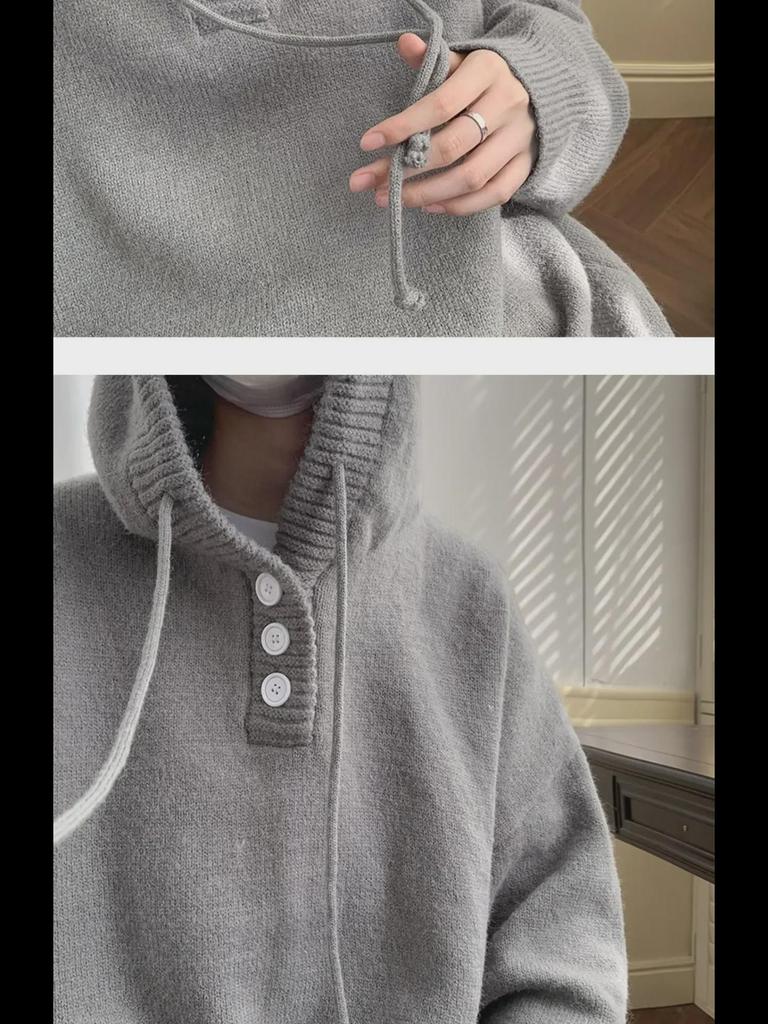 Men's Winter 2024 Casual Knitted Hooded Sweater - Button Design Pullover