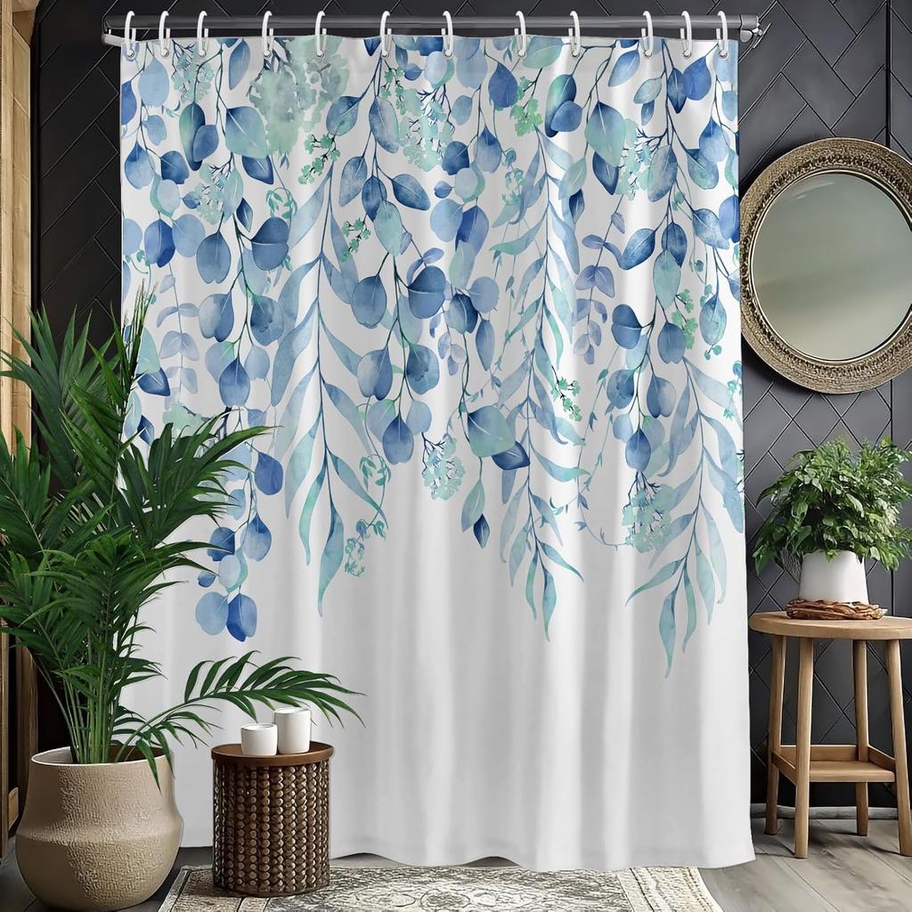 Rustic Brown Leaf Shower Curtain with Hooks, Watercolor Botanical Eucalyptus Bathroom Decor, Boho Farmhouse Waterproof Polyester