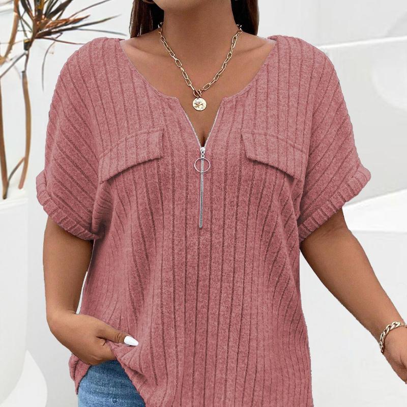 

Весна и лето, новый однотонный большой женский топ на молнии с коротким рукавом, пуловер с карманами, свободная футболка XL светло-розовый