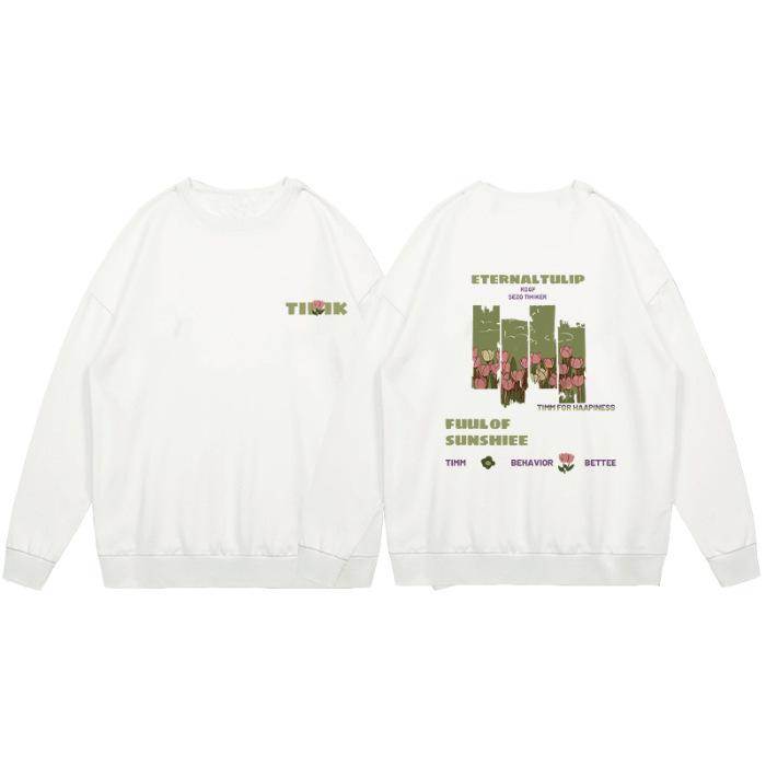 Crew neck flower print sweater loose crew neck thin women s clothing velvet college fashion 3XL белый