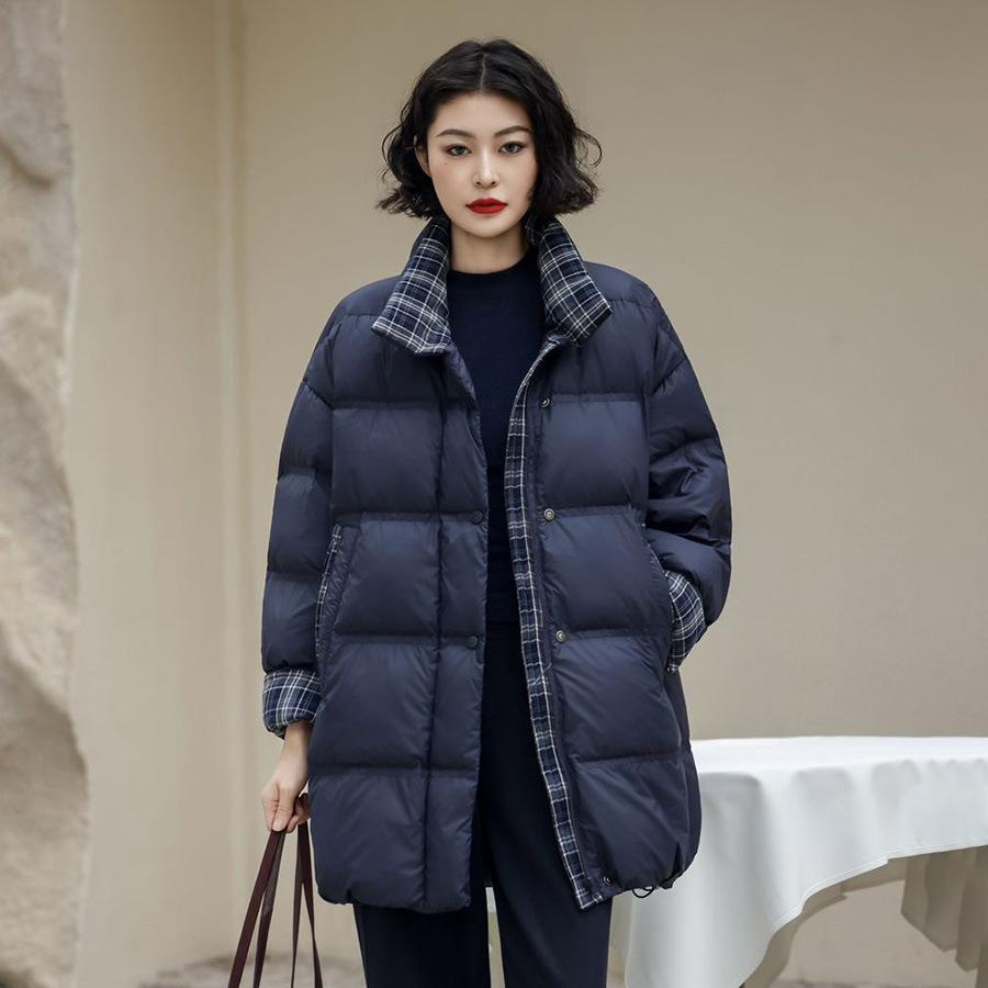Autumn and winter new fashion stand-up collar plaid splicing medium and long down jacket women's turn-sleeved warm jacket tide