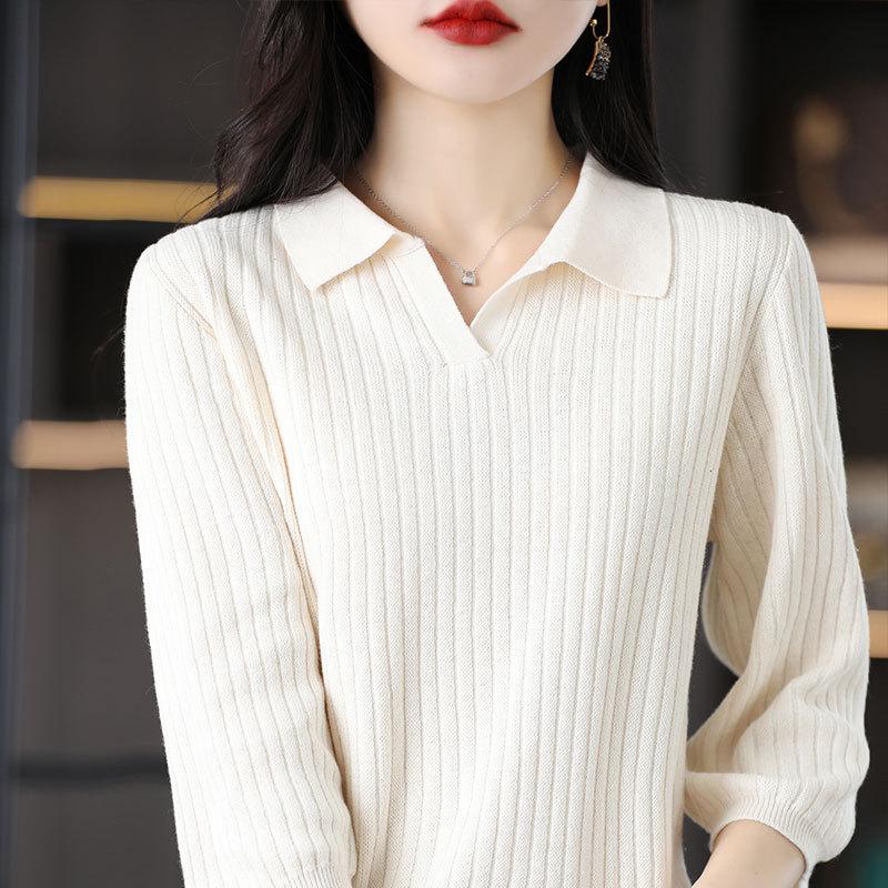 Spring and Summer Latest Cotton Thread 7-quarter Sleeve POLO Collar Sweater Women Pullover Thread Pit Strip Trendy Base Top