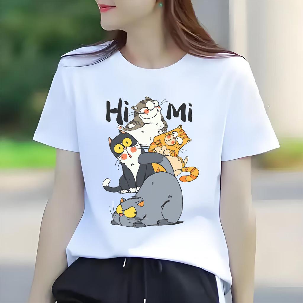 Cute cat HIMI cartoon print fashionable short sleeved round neck daily versatile Womens Tshirt suitable for all seasons