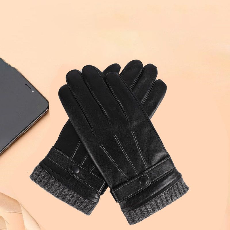 Winter Genuine Sheepskin Leather Gloves Men Warm Velvet Lined Full Finger Touchscreen Outdoor Cycling Driving Motorcycle Gloves