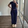 Ensemble deux pièces pour femme - T-shirt ajusté à manches courtes de couleur unie et pantalon long à cordon de serrage - Ensemble de survêtement décontracté