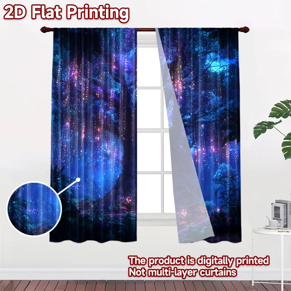 2D flat printing 2pcs Party Window Curtains Enchanted Forest Glowing Bioluminescent Tree Digital Printed Polyester Drapes Family