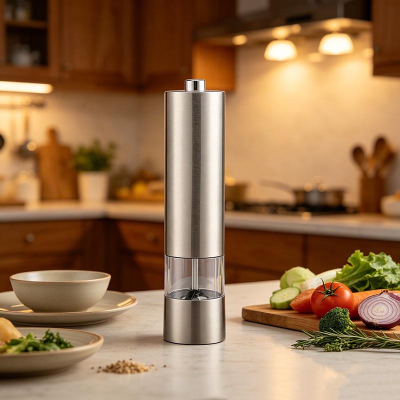 1Pcs Stainless Steel Automatic Spice Mill With Led Indicator Light Battery‑Powered Salt And Pepper Grinder For Home Kitchen