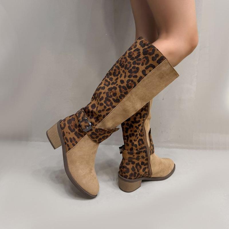Fashion Leopard Spliced Metal Buckle High Boots Fashion Round Toe Suede Side Zipper Non-Slip Single Boots