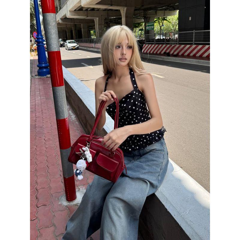 Kkx Sexy Street Gyaru Style Simple Sweet and Spicy Black and White Polka Dot Patchwork Wooden Ear Hanging Neck Tube Top Vest