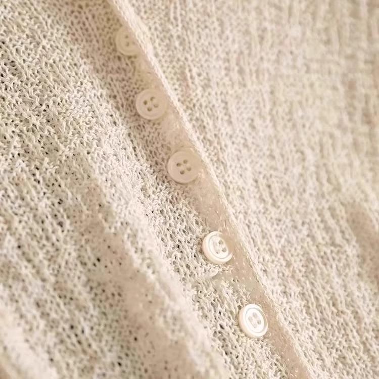V-neck Long Sleeve Thin Knitted Cardigans Women Spring Summer Hollow Out Sun Protection Clothing Shirt Slim Single Breasted Tops